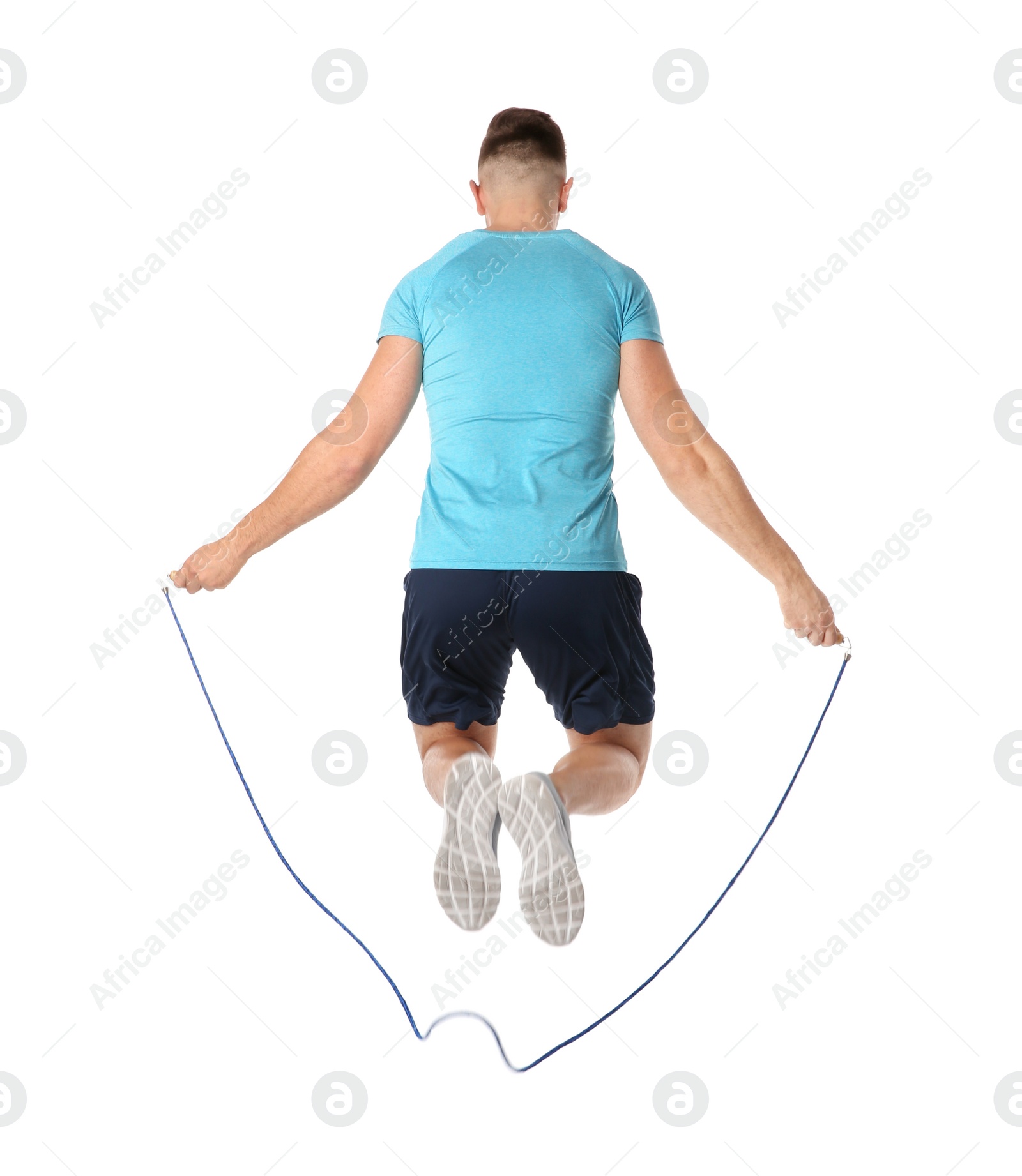 Photo of Sportive man training with jump rope on white background
