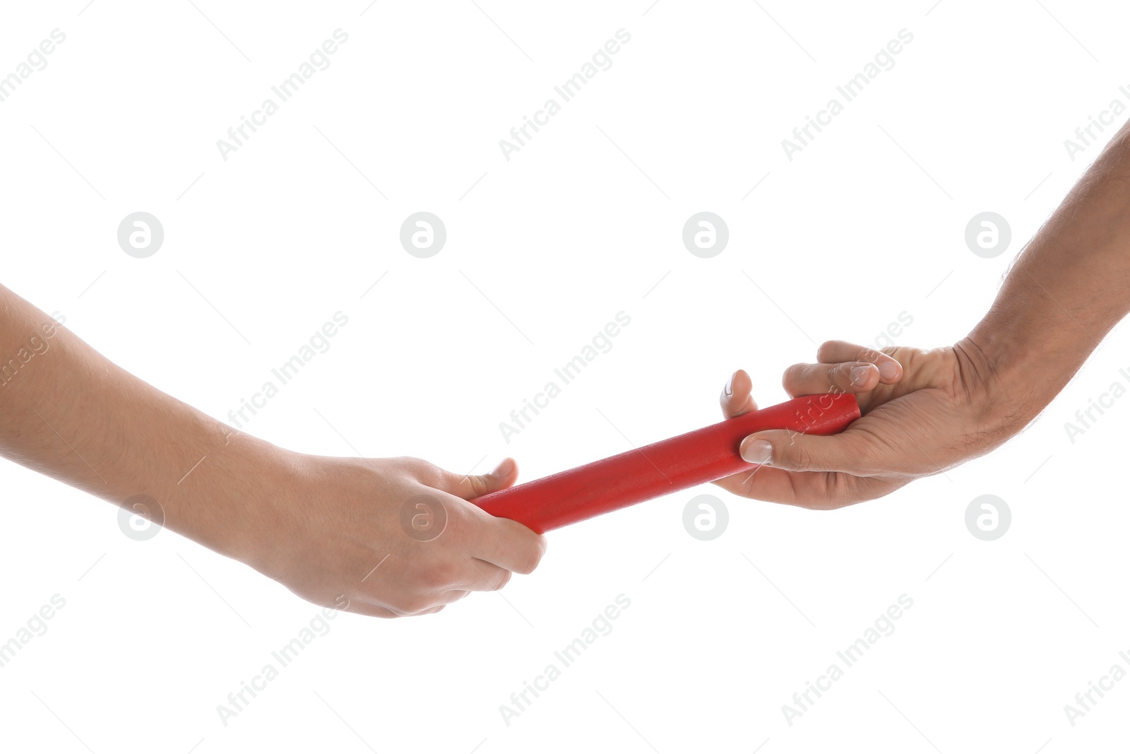 Photo of Man passing relay baton to teammate isolated on white, closeup