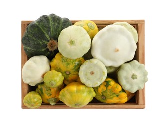 Photo of Fresh ripe pattypan squashes in wooden crate on white background, top view