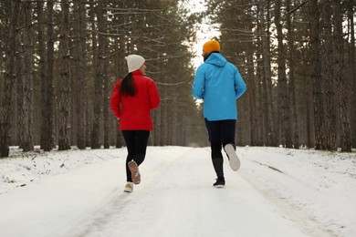 People running in winter forest, back view. Outdoors sports exercises