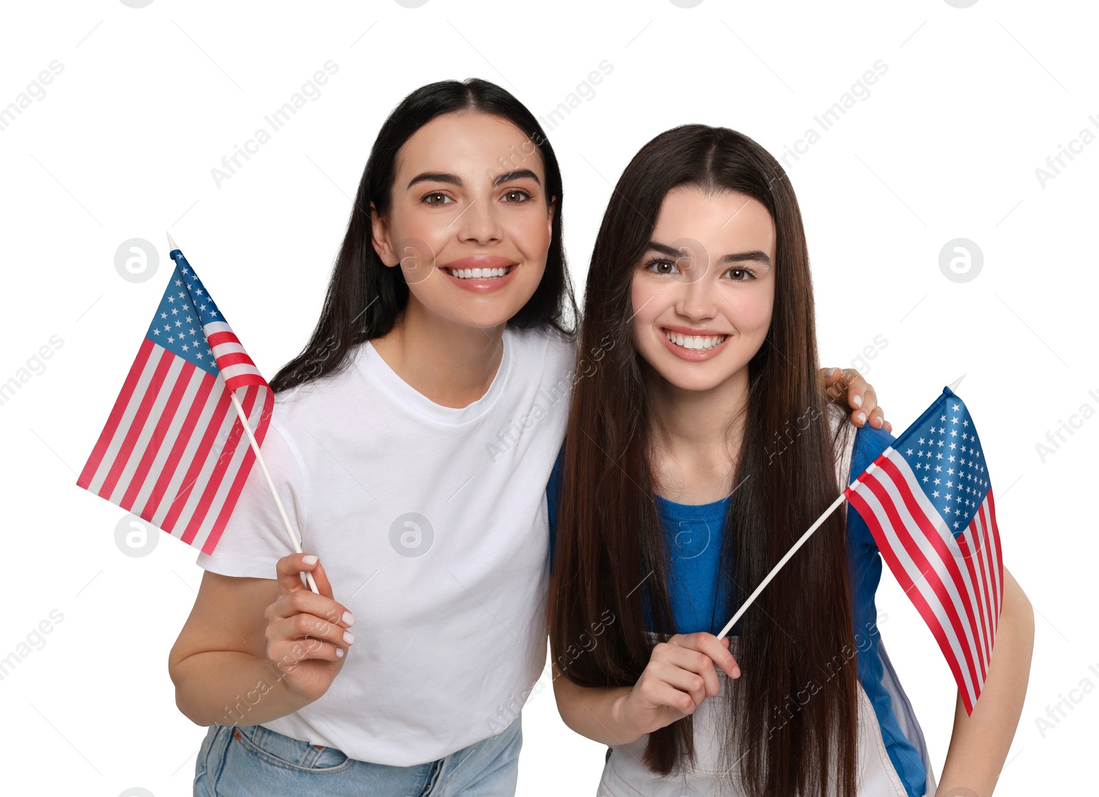 Image of 4th of July - Independence day of America. Happy mother and daughter with national flags of United States on white background