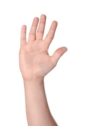 Man showing palm on white background, closeup