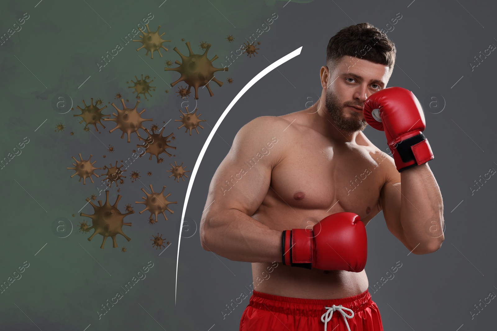 Image of Sporty man with boxing gloves exercising on dark grey background. Strong immunity helping fight with viruses