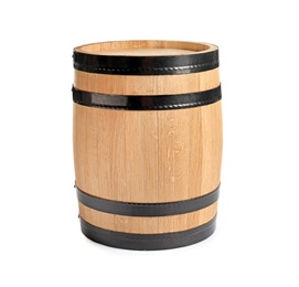 Photo of Wooden keg on white background. Wine making