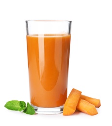 Photo of Carrot and glass of fresh juice on white background