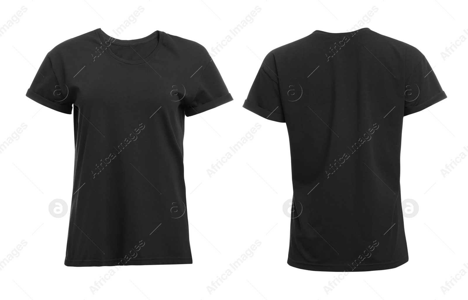 Image of Stylish black t-shirt on white background, front and back views. Space for design