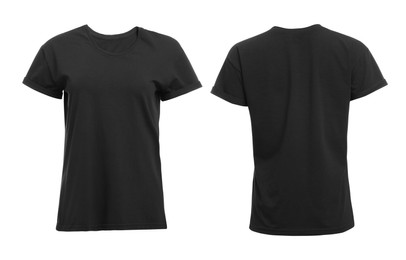 Image of Stylish black t-shirt on white background, front and back views. Space for design