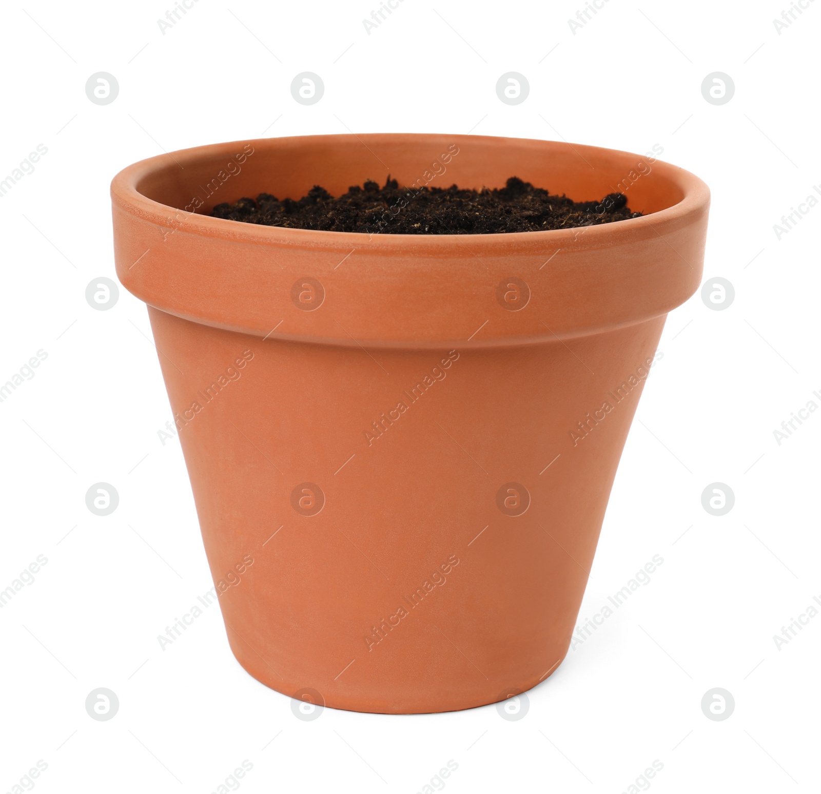 Photo of Clay flower pot with soil isolated on white