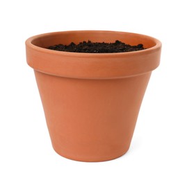 Photo of Clay flower pot with soil isolated on white