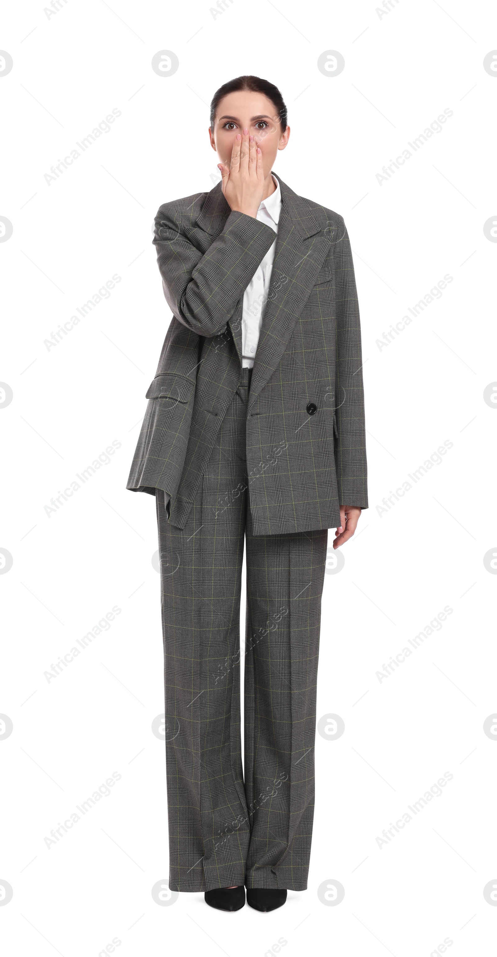 Photo of Beautiful young businesswoman in suit on white background