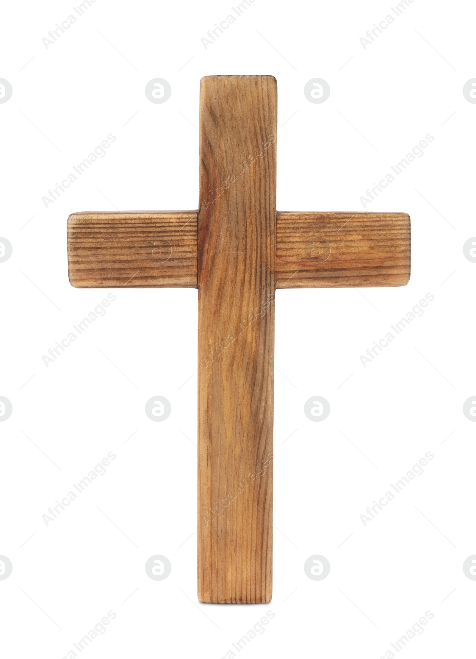 Photo of Wooden cross on white background. Easter attribute