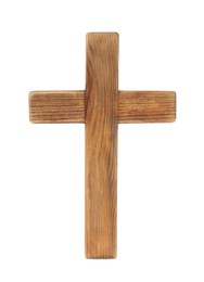 Photo of Wooden cross on white background. Easter attribute