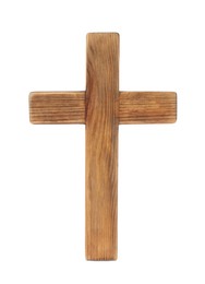 Wooden cross on white background. Easter attribute