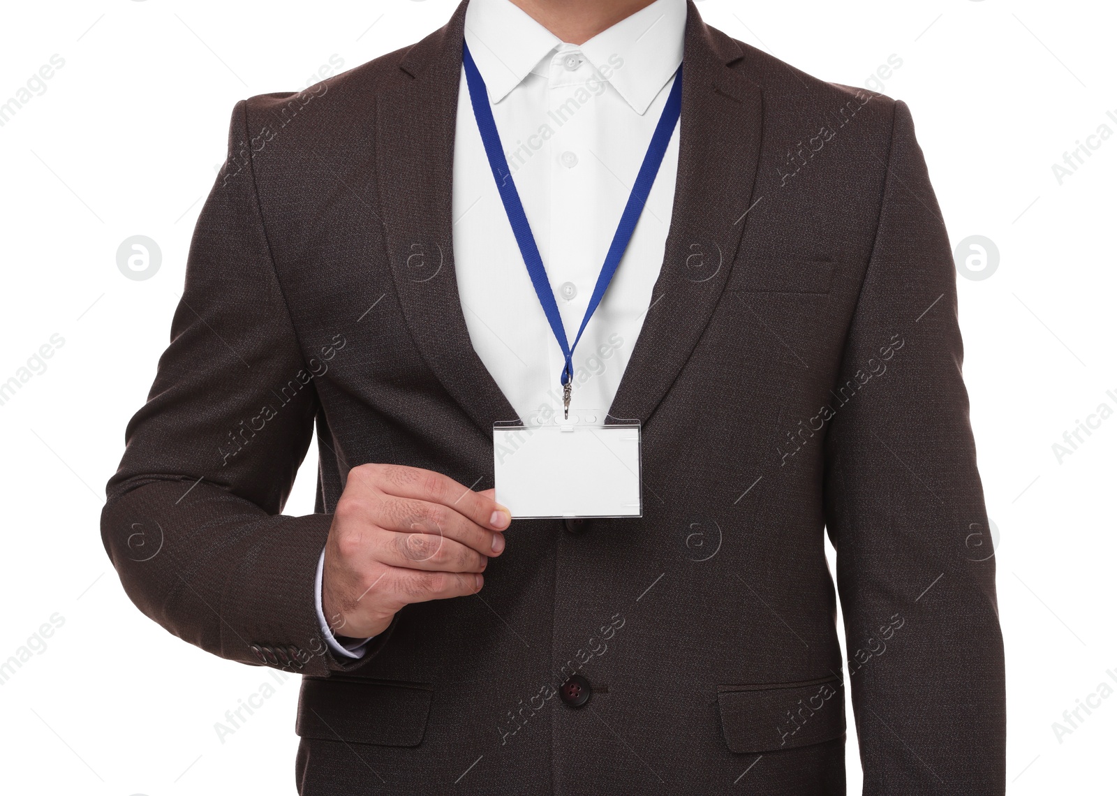 Photo of Man with blank badge isolated on white, closeup