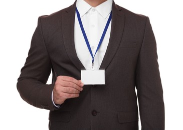Photo of Man with blank badge isolated on white, closeup
