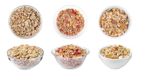 Image of Set with different delicious granola on white background. Banner design