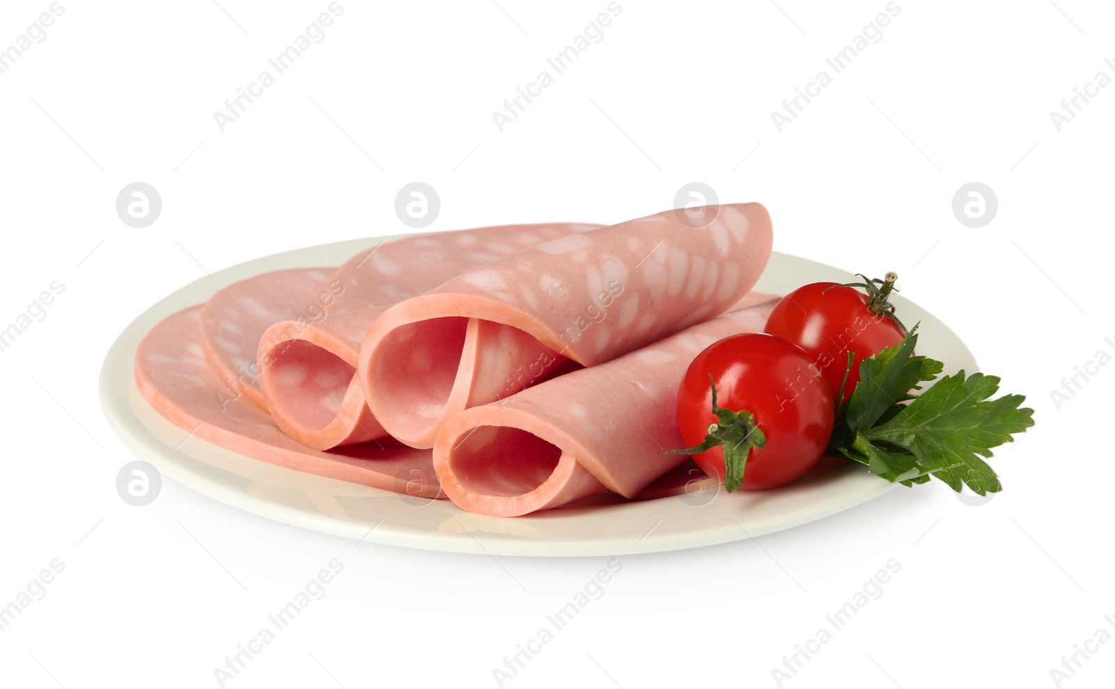 Photo of Slices of delicious boiled sausage with parsley and tomatoes on white background