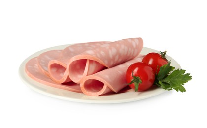 Slices of delicious boiled sausage with parsley and tomatoes on white background