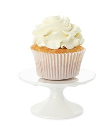 Photo of Tasty vanilla cupcake with cream isolated on white