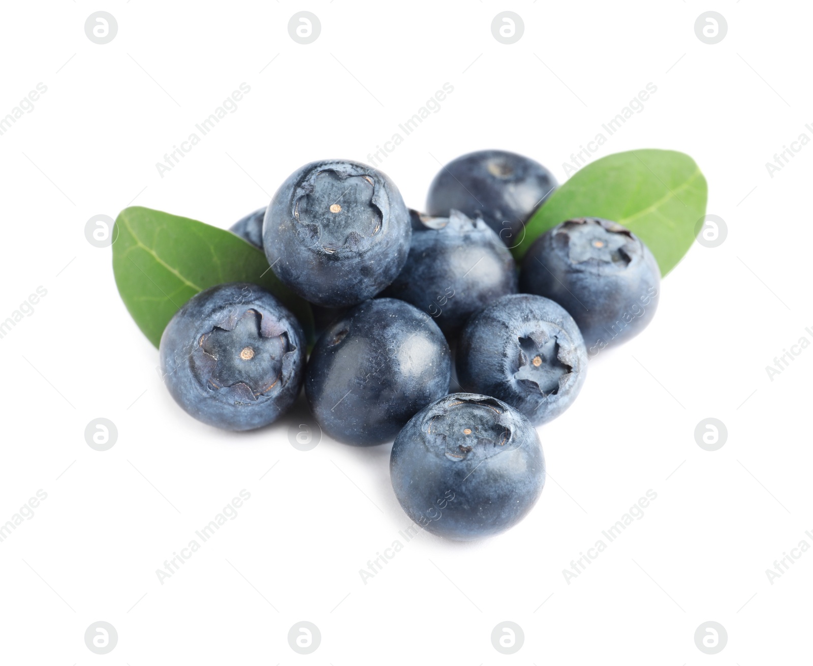 Photo of Fresh raw tasty blueberries with leaves isolated on white