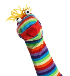 Photo of Funny sock puppet with hair isolated on white