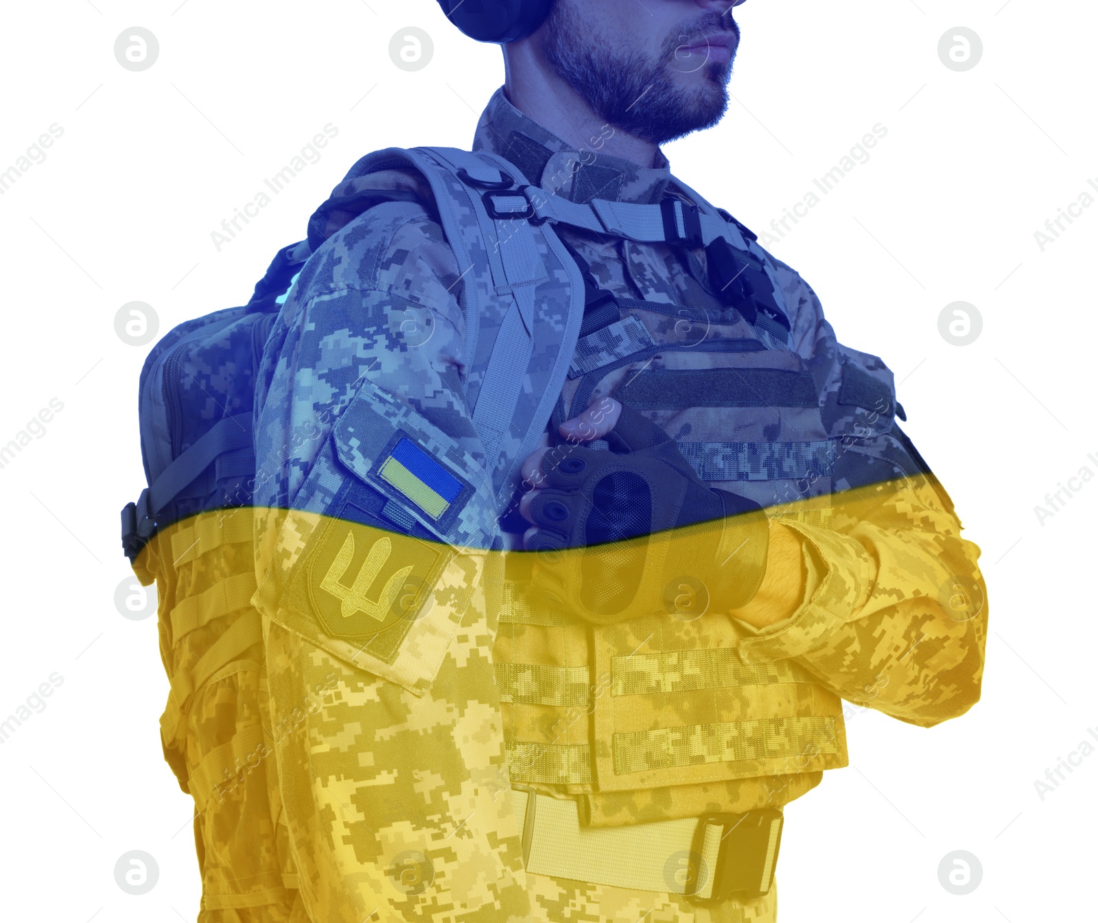 Image of Double exposure of Ukrainian flag soldier in military uniform with backpack on white background, closeup