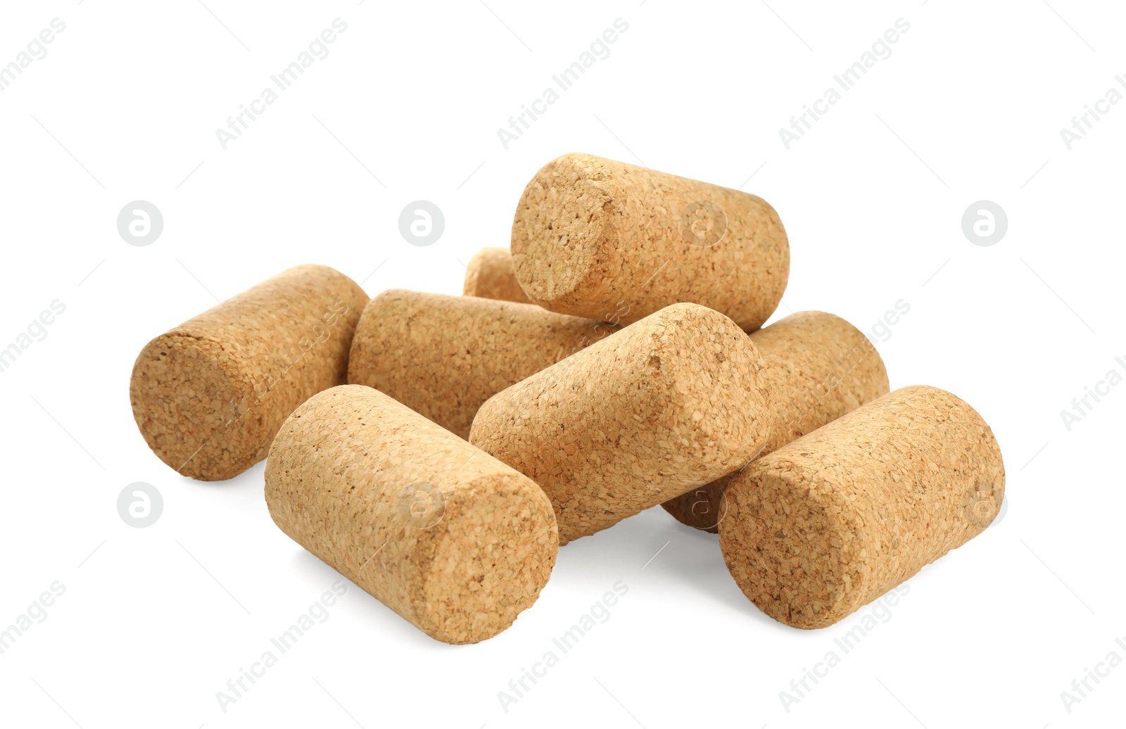 Photo of Pile of wine corks on white background. Bottle cap