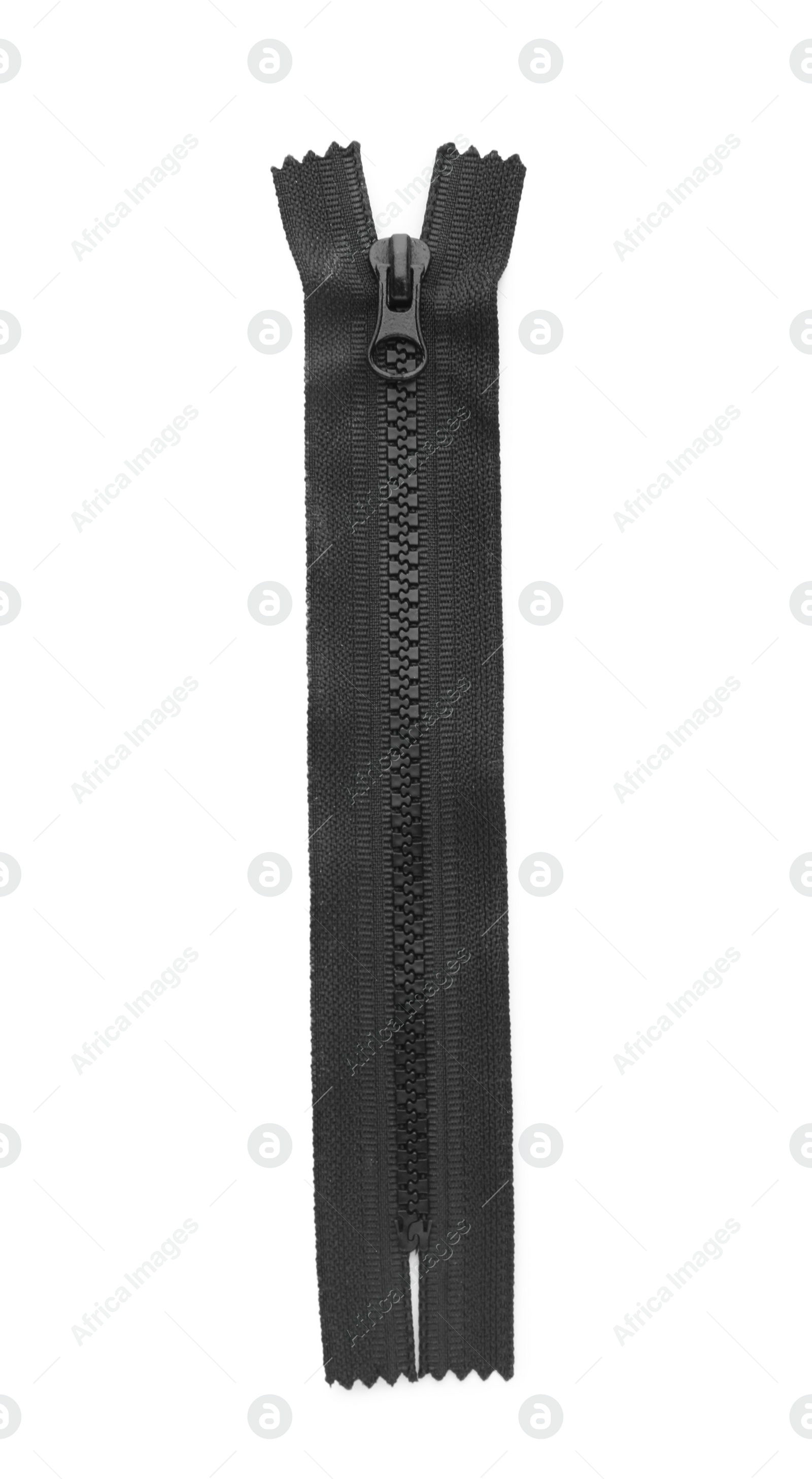 Photo of Black zipper isolated on white, top view