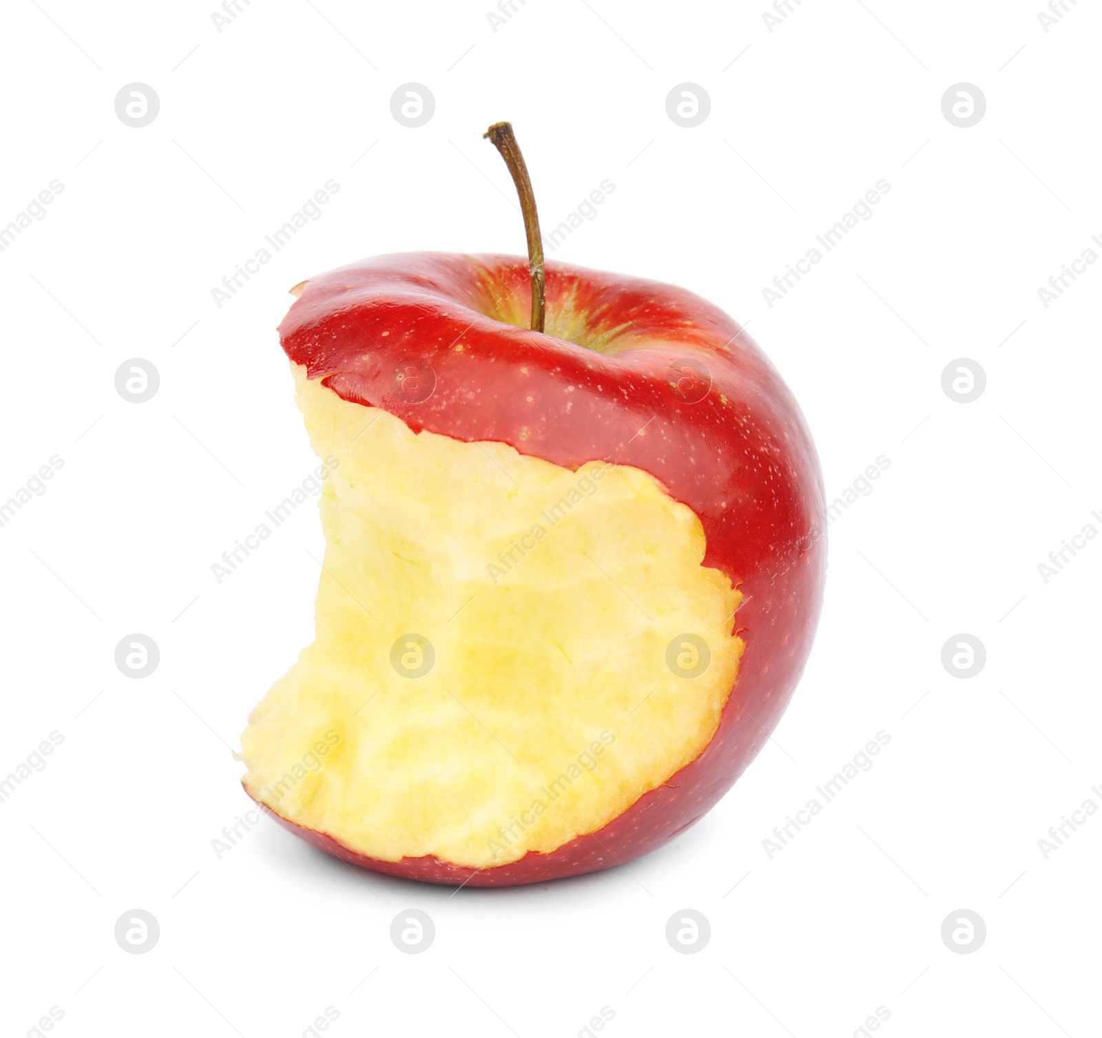 Photo of Half eaten red apple on white background