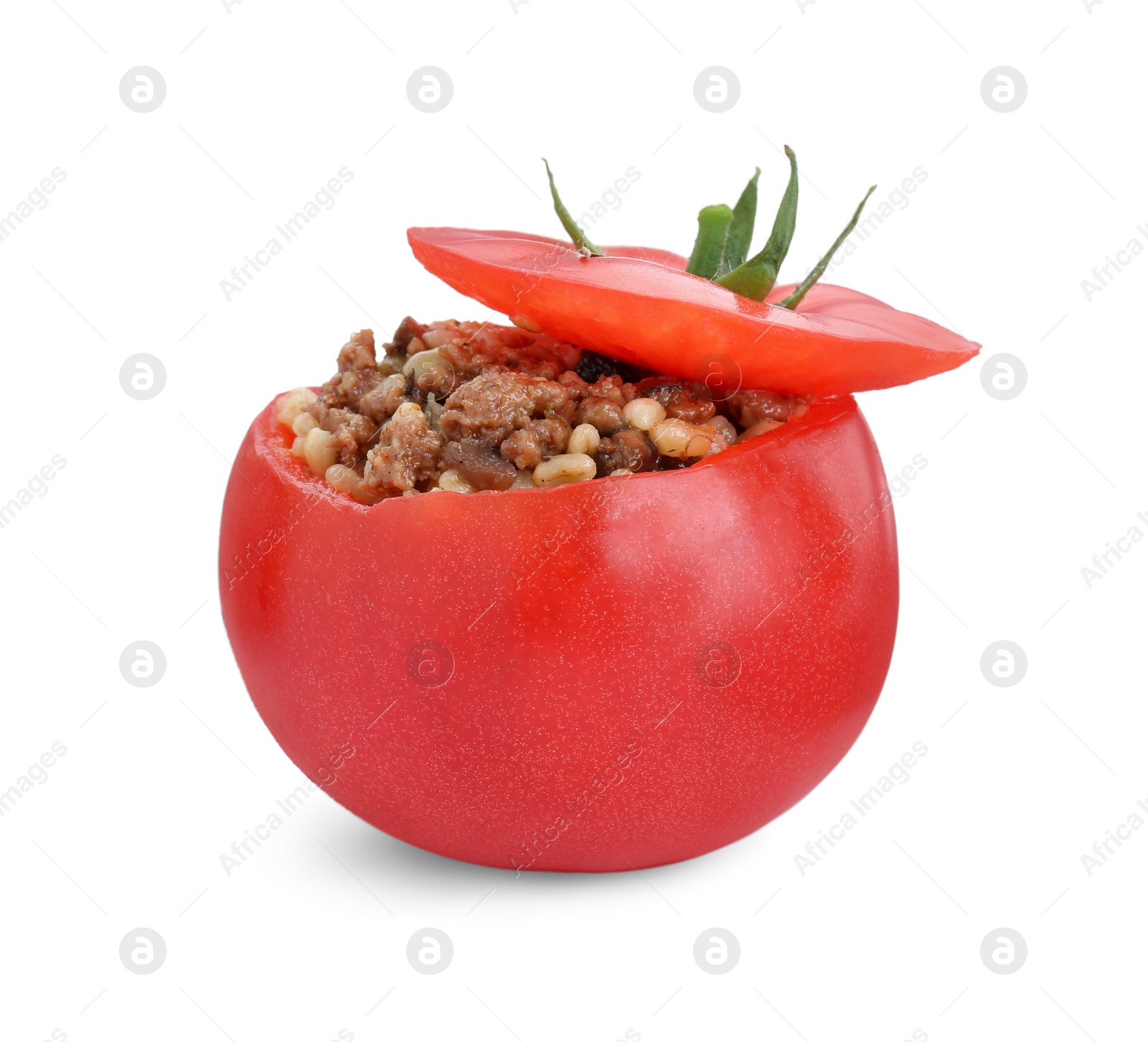 Photo of Delicious stuffed tomato with minced beef, bulgur and mushrooms isolated on white