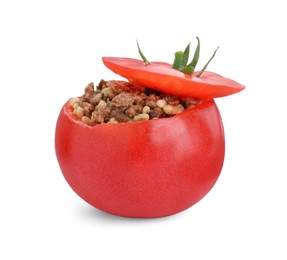 Photo of Delicious stuffed tomato with minced beef, bulgur and mushrooms isolated on white