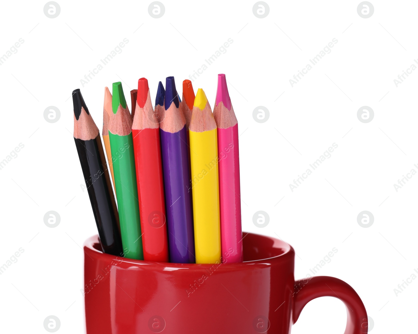 Photo of Many colorful pencils in cup isolated on white