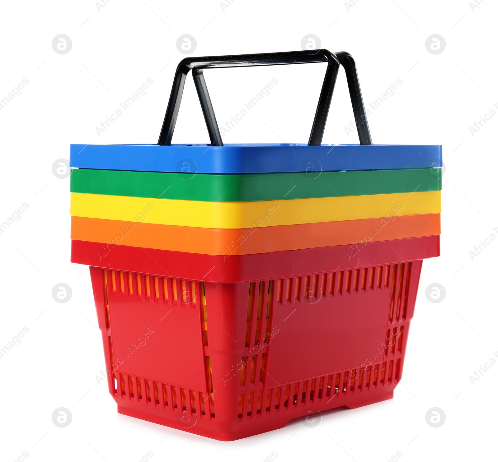 Photo of Colorful plastic shopping baskets on white background