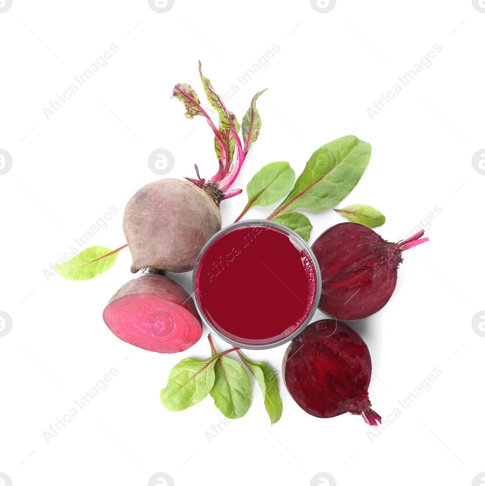 Photo of Freshly made beet juice on white background, top view