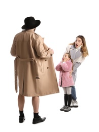 Photo of Exhibitionist exposing naked body under coat in frontmother with child isolated on white