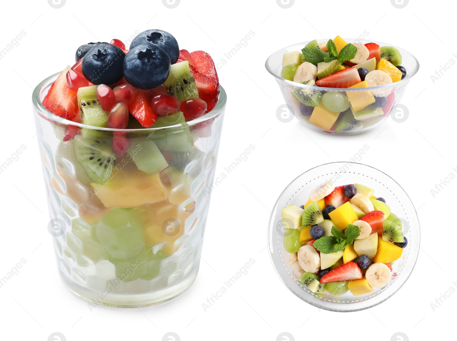 Image of Delicious fruit salads isolated on white, set