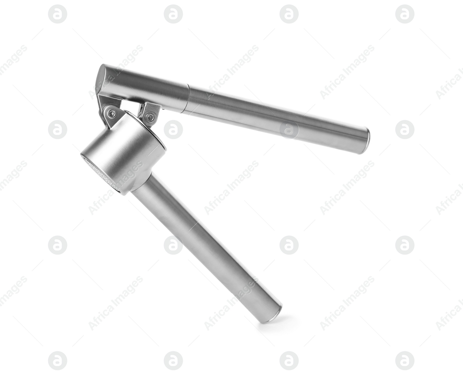 Photo of Garlic press on white background. Kitchen utensils