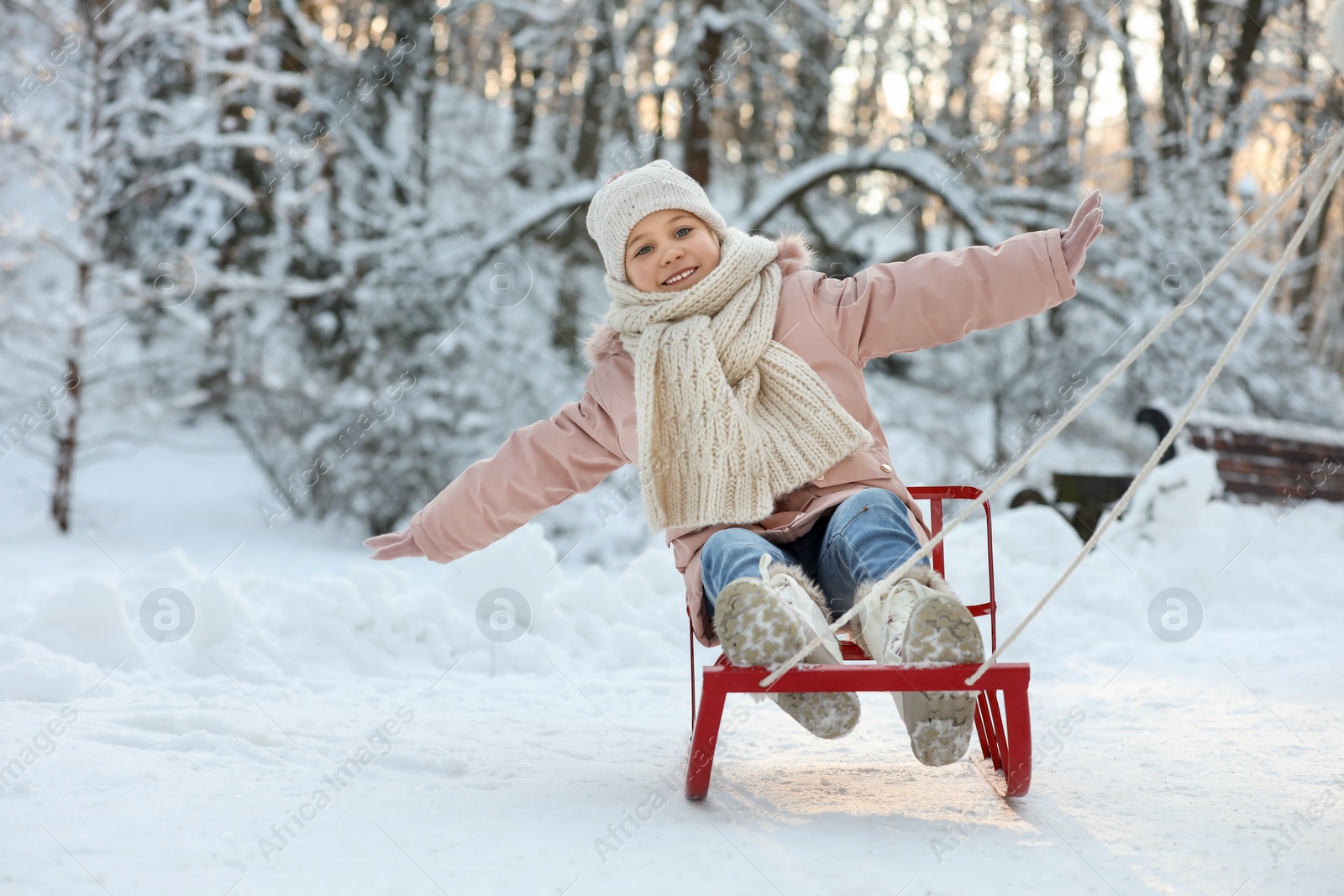 Photo of Cute little girl enjoying sledge ride through snow in winter park