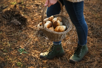 Photo of Woman carrying basket with fresh mushrooms in forest, closeup