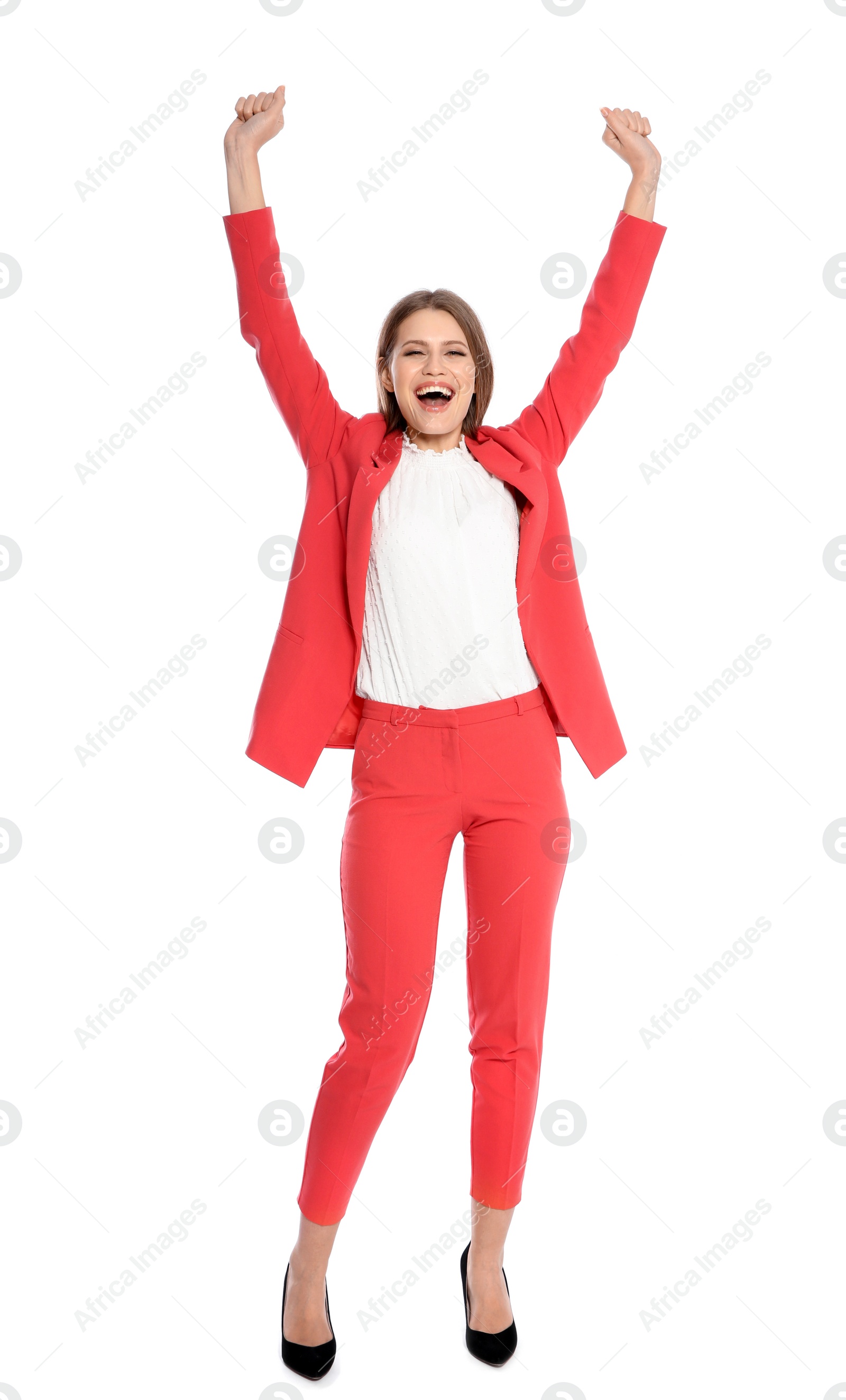 Photo of Young businesswoman celebrating victory on white background