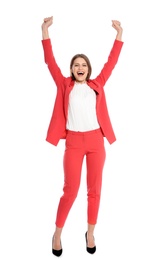 Photo of Young businesswoman celebrating victory on white background