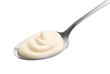 Photo of Spoon with tasty mayonnaise isolated on white