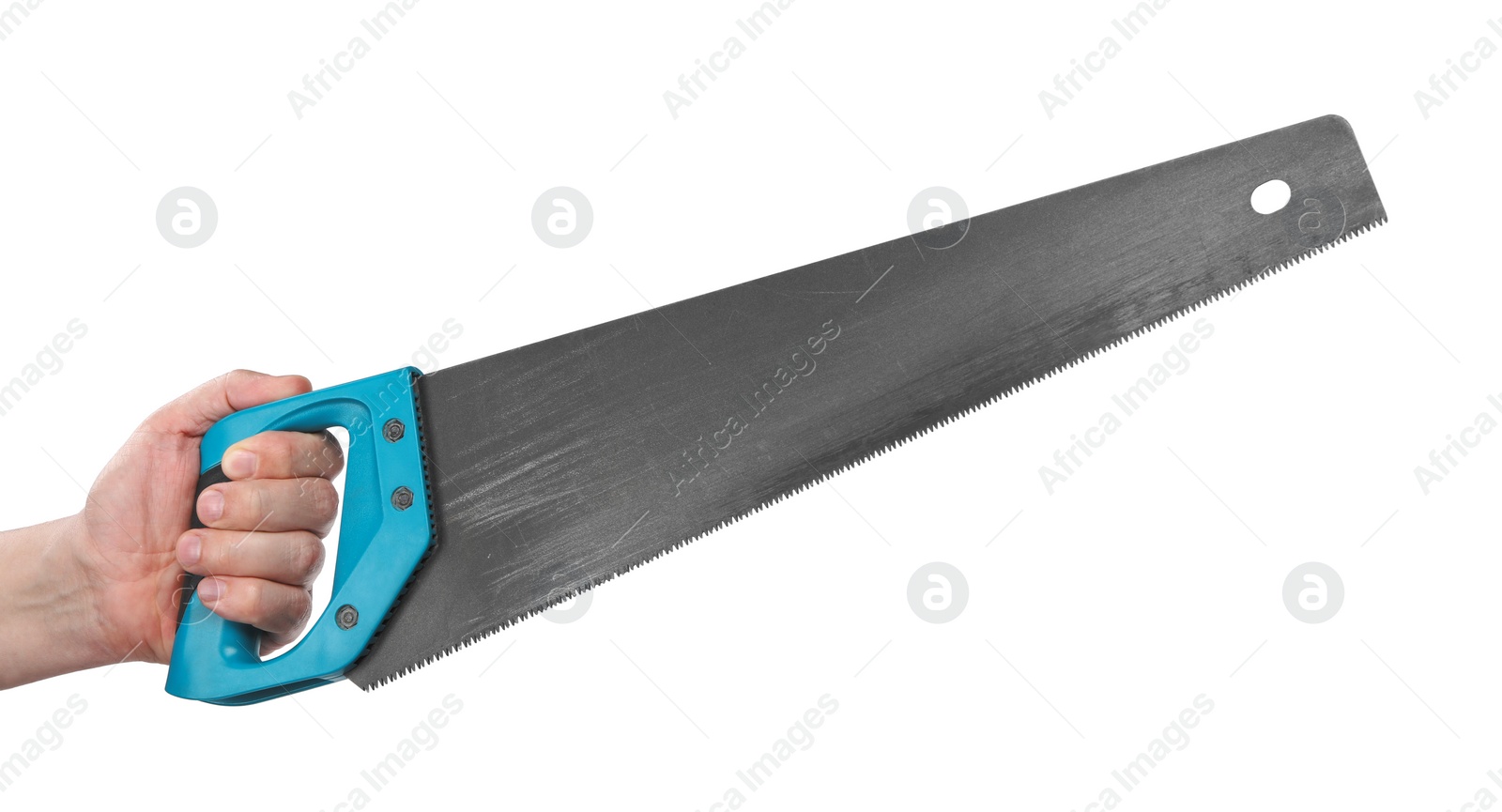 Photo of Man holding saw with light blue handle isolated on white, closeup