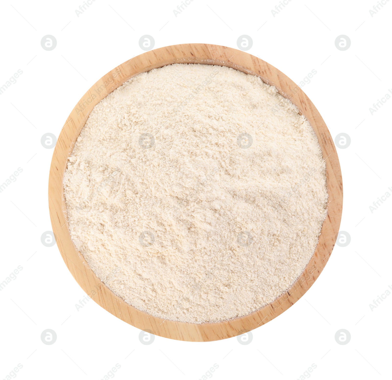 Photo of Quinoa flour in wooden isolated on white, top view