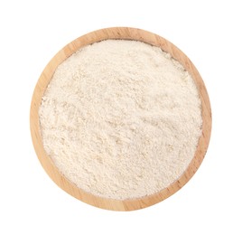 Photo of Quinoa flour in wooden isolated on white, top view