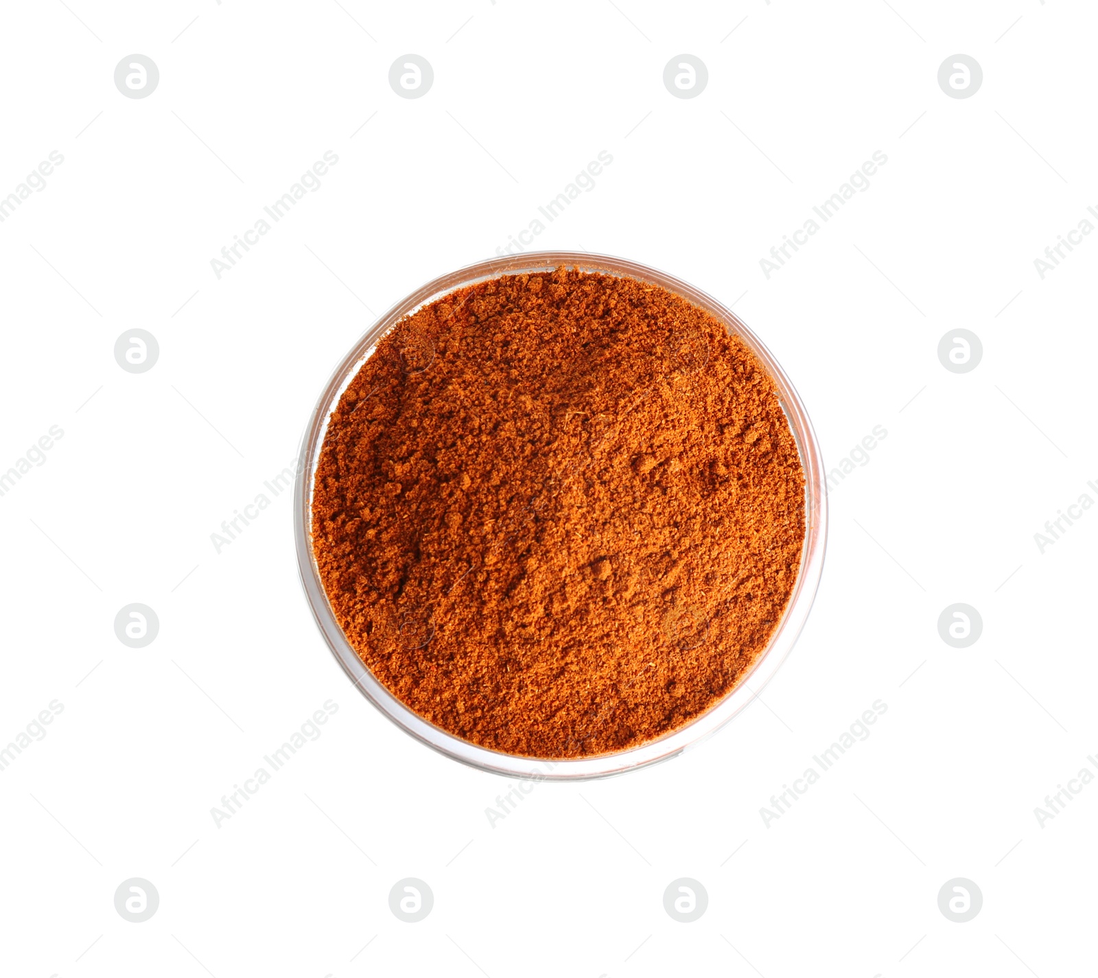 Photo of Bowl of ground pepper isolated on white, top view