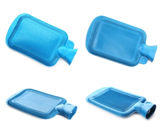 Image of Set with blue rubber hot water bottles on white background