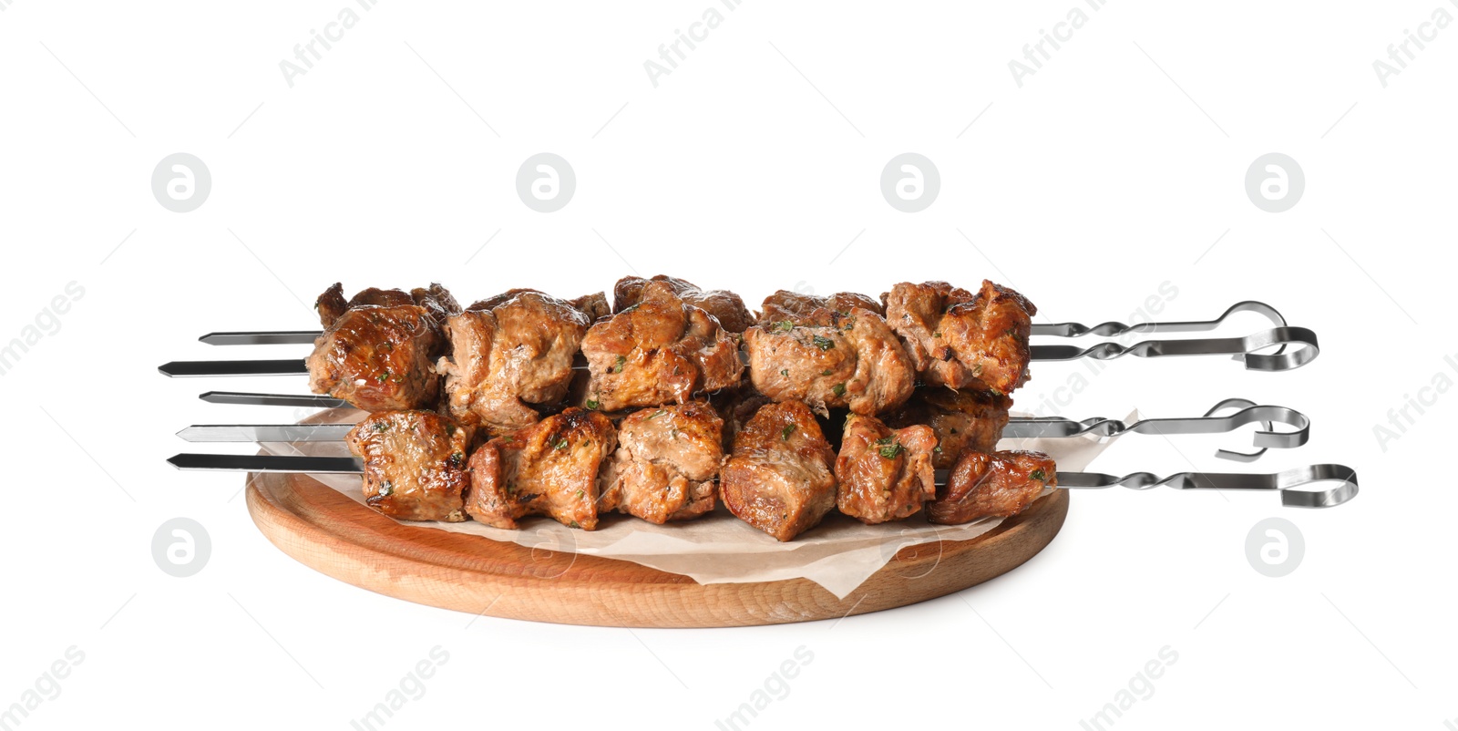 Photo of Metal skewers with delicious meat on white background