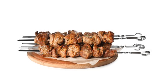 Photo of Metal skewers with delicious meat on white background