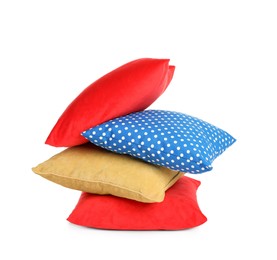 Different colorful decorative pillows on white background